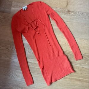GANNI lace- up merino wool orange sweater, size xs